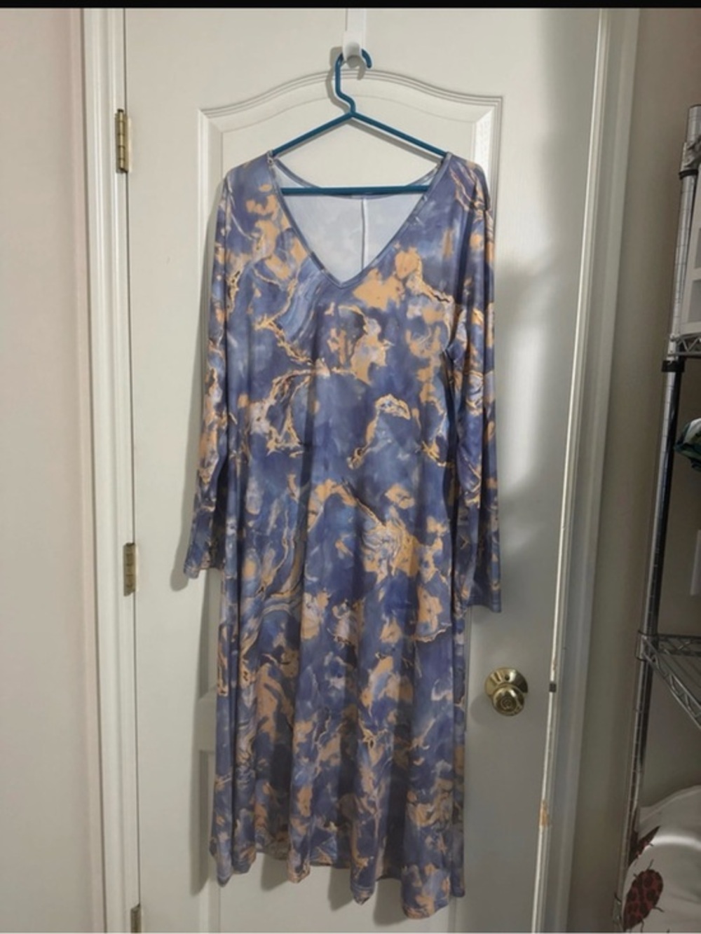 V-Neck Long Sleeve Marble-Print Maxi Dress in Blue and Cream